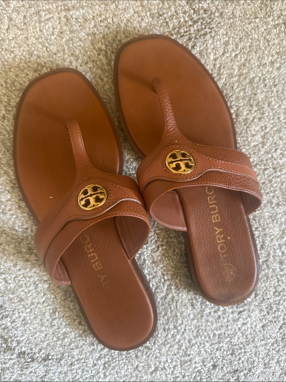 Tory Burch Tan Leather Thong Sandals with Gold Logo